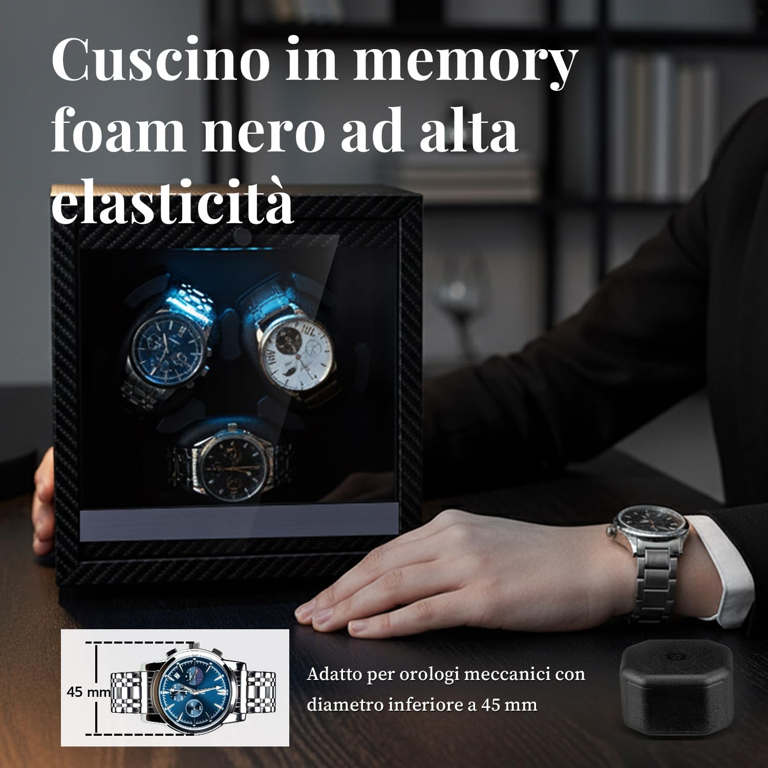 Mcbazel Scatola Per Carica Automatico Per Orologi Ultra Silenziosa, 4 Modalità di Rotazione con Luce LED Blu, Scatola Programmabile per 3 Orologi, Custodia Per Orologi Alimentata da USB con Foam