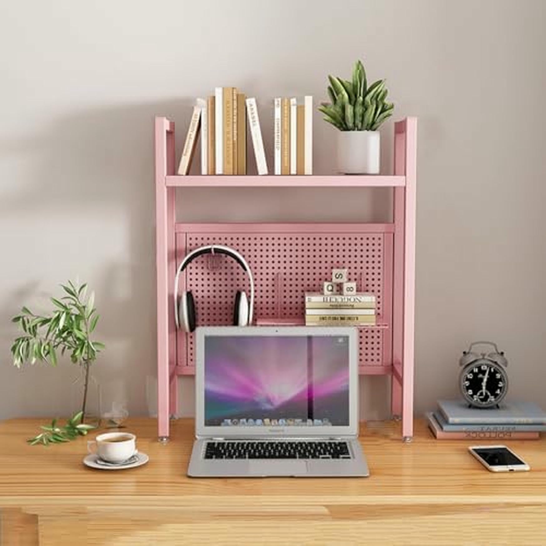 CWCQGH Black Desktop Hutch & Bookshelf - 95cm Student Pegboard Bookcase for Dormitory & Home Office - Computer Desk Storage Rack & Display, Single Layer Organization Solution,Pink Single Layer-55cm