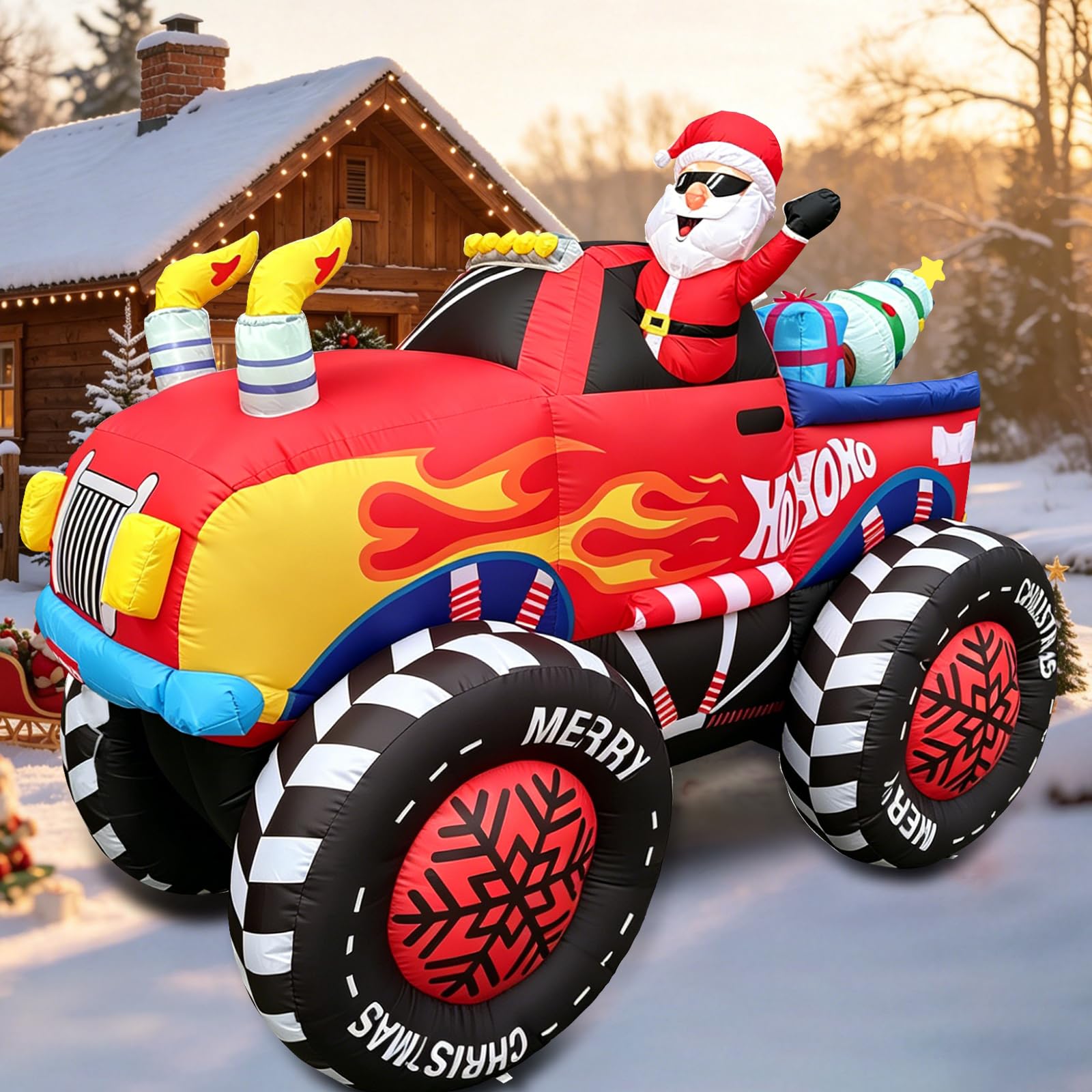 2,5 m großer aufblasbarer Weihnachtsmann-Truck: Der Weihnachtsmann mit Sonnenbrille winkt aus dem Truck, der Geschenkboxen und einen Weihnachtsbaum transportiert – perfekt für Terrasse und Garten
