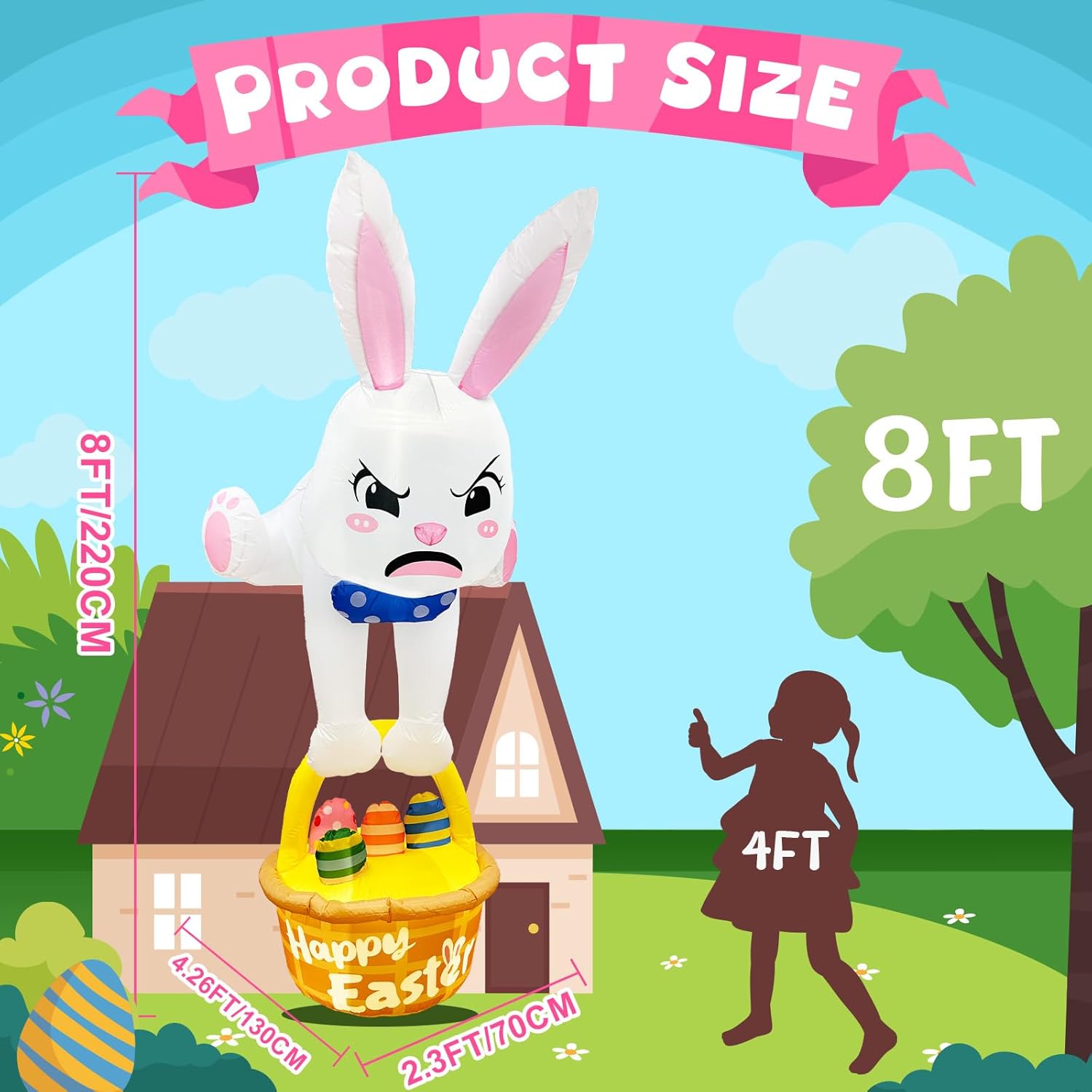 8FT Easter Inflatables Outdoor Decorations Climbing Inflatable Bunny Decor, Inflatable Bunny Basket with Eggs Decor, Easter Blow Ups for Outside Roof Yard Shop Lawn Fence
