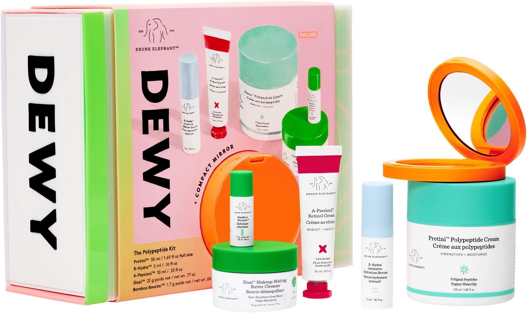 Drunk Elephant Dewy: The Polypeptide Kit. Complete Cleansing and Nourishing Skin Care Bundle (Butter Cleanser, Peptide Moisturizer, Powder Exfoliant, Hydration Serum, and Retinol Cream)