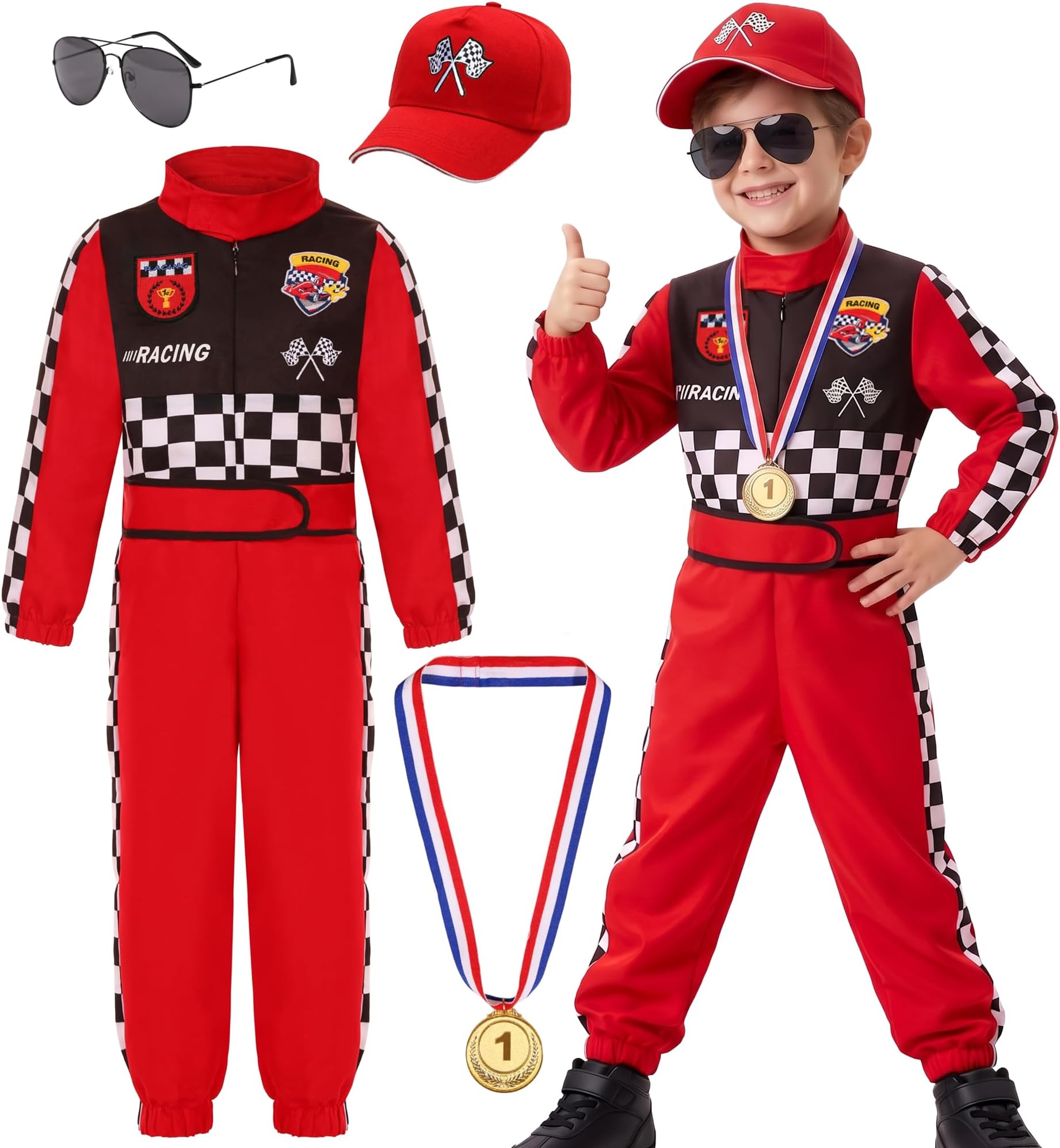 Race Car Driver Costume Boys Dress Up Halloween Racer Jumpsuit with Car Cap