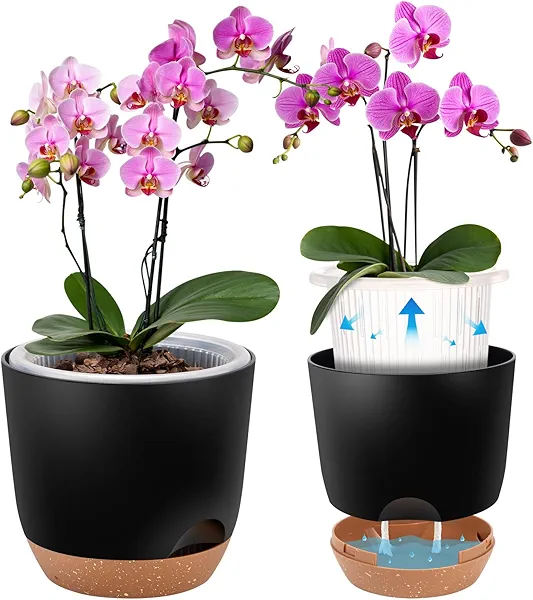Sxueg Self Watering Orchid Pots for Indoor Plants,5.8 Inch Macetas para Orqudeas,Flower Pots for Indoor Plants with Holes(Black)