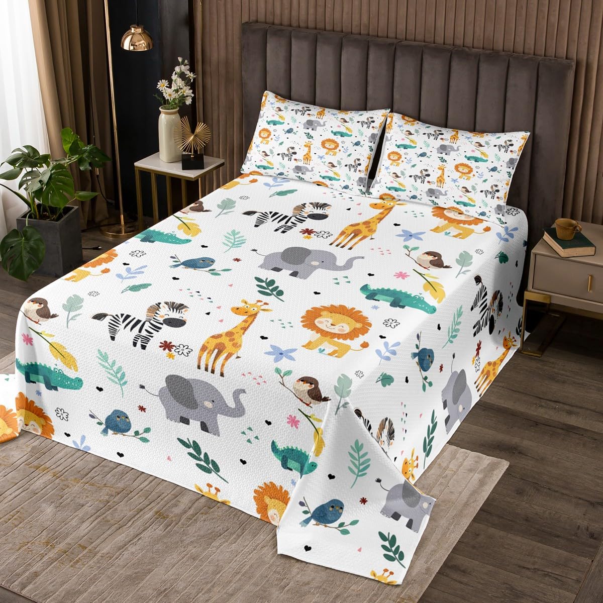 Erosebridal Queen Size Zoo Animal Quilt Set, Giraffe Lion Elephant Bedspread, Cute Wild Animals Coverlet for Kids Teens Boys Girls Bedroom, Cartoon Safari Wildlife Bedding Set