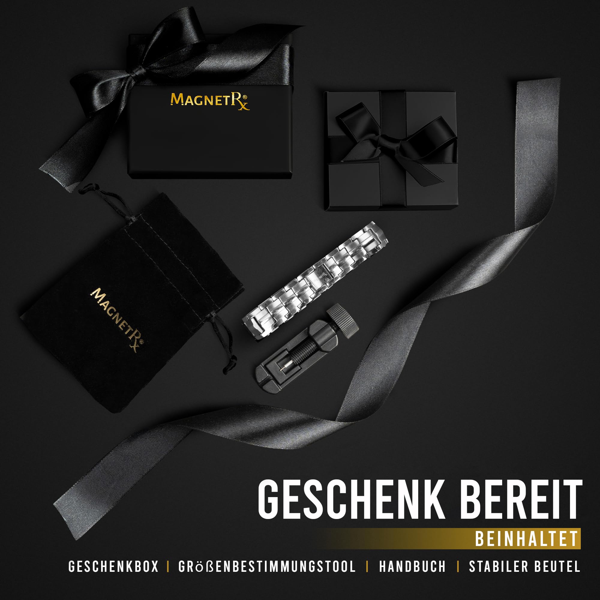 MagnetRX® Ultrastarkes Magnetarmband – Magnetbänder für Herren – Herrenarmband längenverstellbar mit Größenbestimmungswerkzeug (Silber)