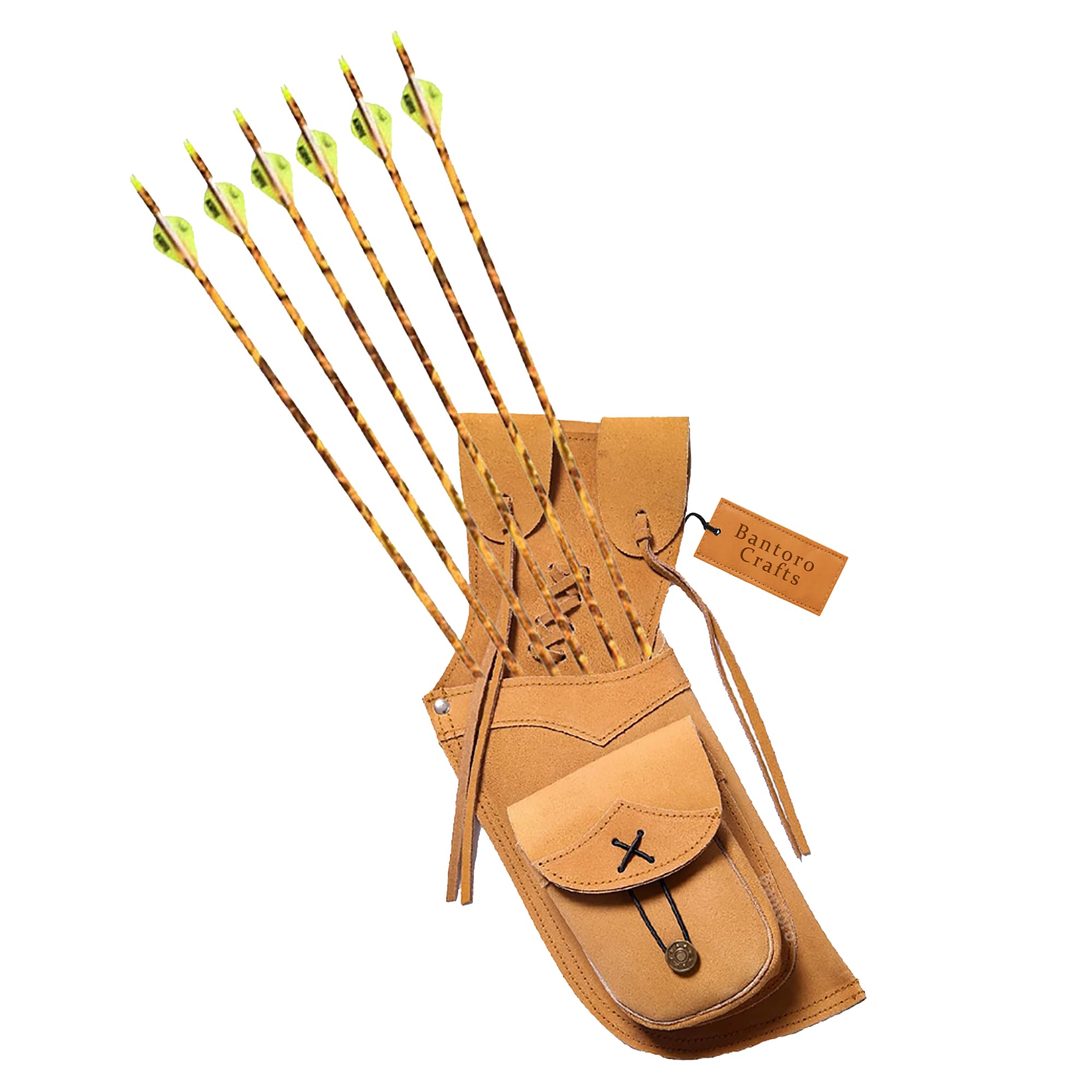 Bantoro Crafts Genuine Leather Arrow Back Quiver for Archery Hunting and Target Practice | Adjustable Strap | Reversible Design | Fast Draw Arrow Holder | Handmade Cowhide Leather (Tan)