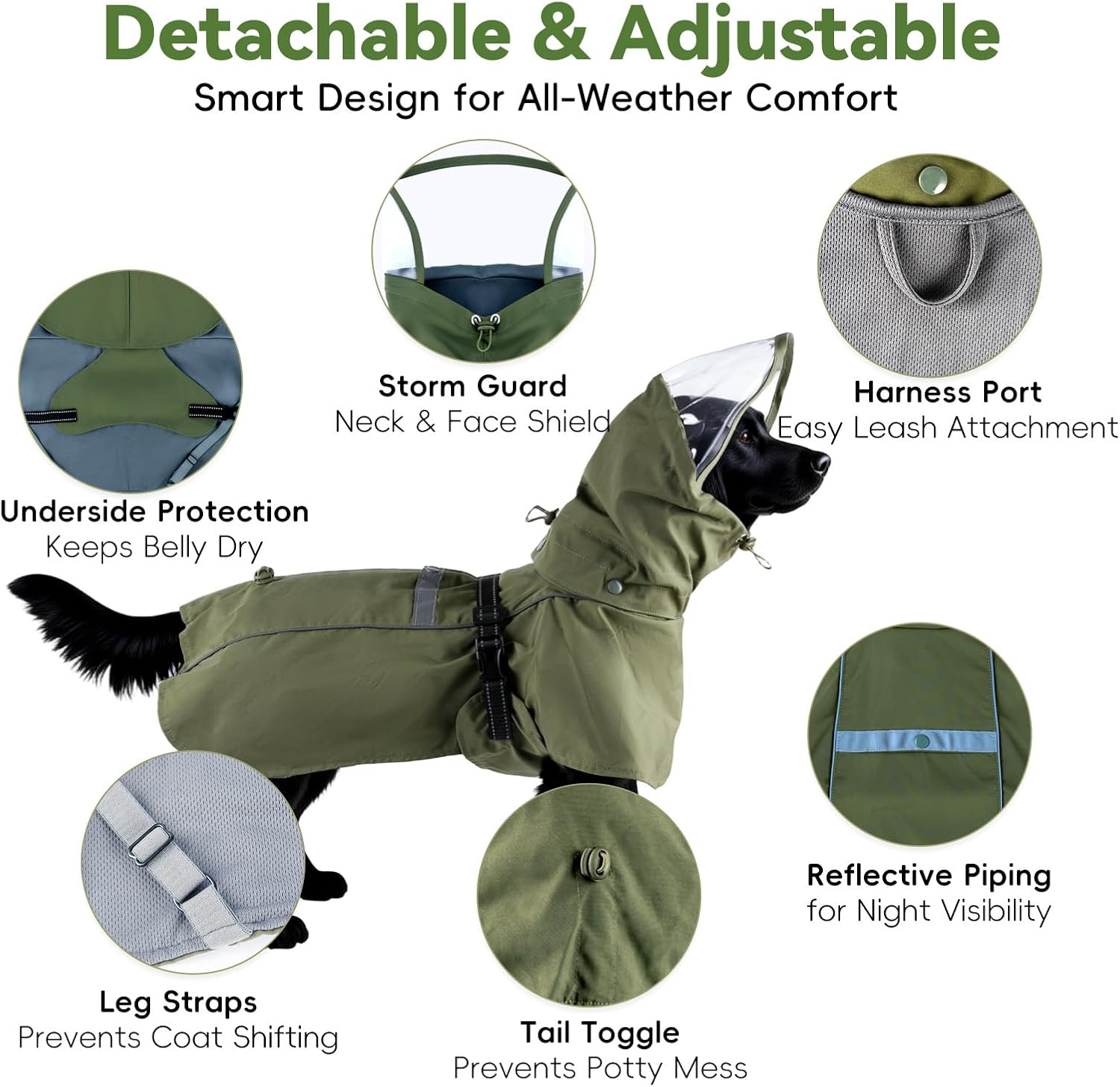 Dog Raincoat Waterproof Rain Jacket Lightweight with Adjustable Reflective Strip & Detachable Hood, Fits Small/Medium/Large/Extra Large Dogs Puppies, Green (4X-Large)