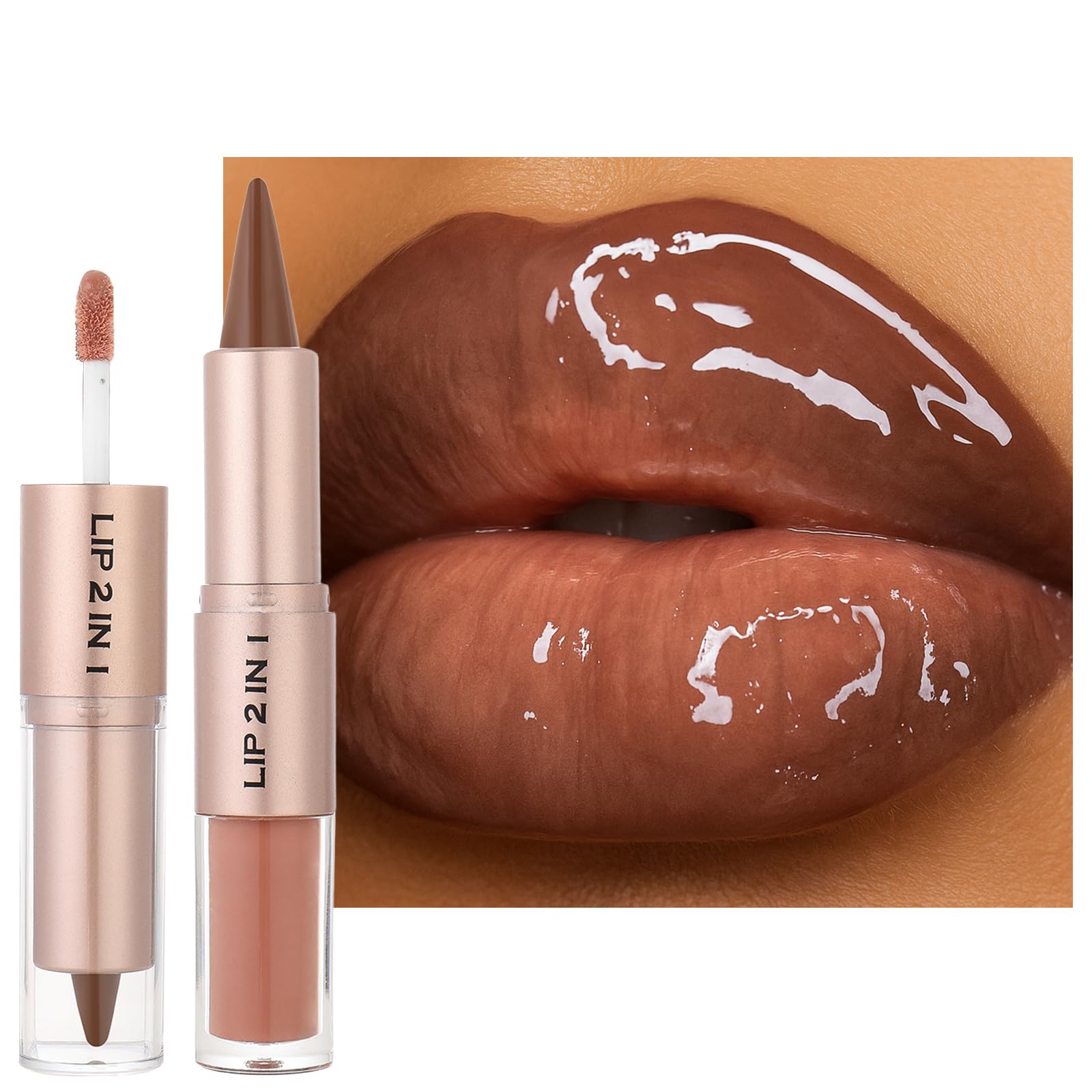 Erinde 2 In 1 Lip Combo Set, Dual-Ended Lip Liner & Gloss Combo, Nude Brown Lipliner, Velvet Matte Lipstick & High-Shine Gloss, High Pigmented Long-Lasting Lipstick Makeup, Vegan & Cruelty-Free, 06 06#