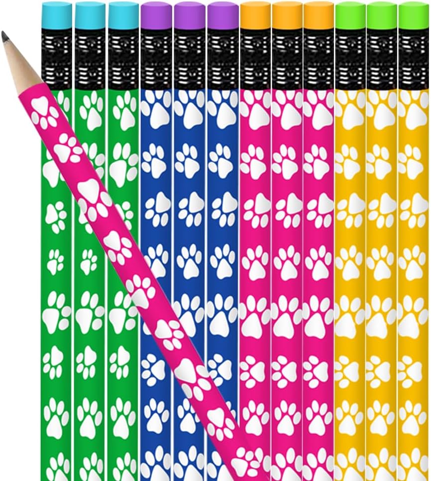 ArtCreativity Paw Print Pencils for Kids - Set of 12 Colorful Wooden Writing Pencils with Erasers, Fun Dog & Cat Themed School Supplies and Animal Party Favors for Classroom Rewards
