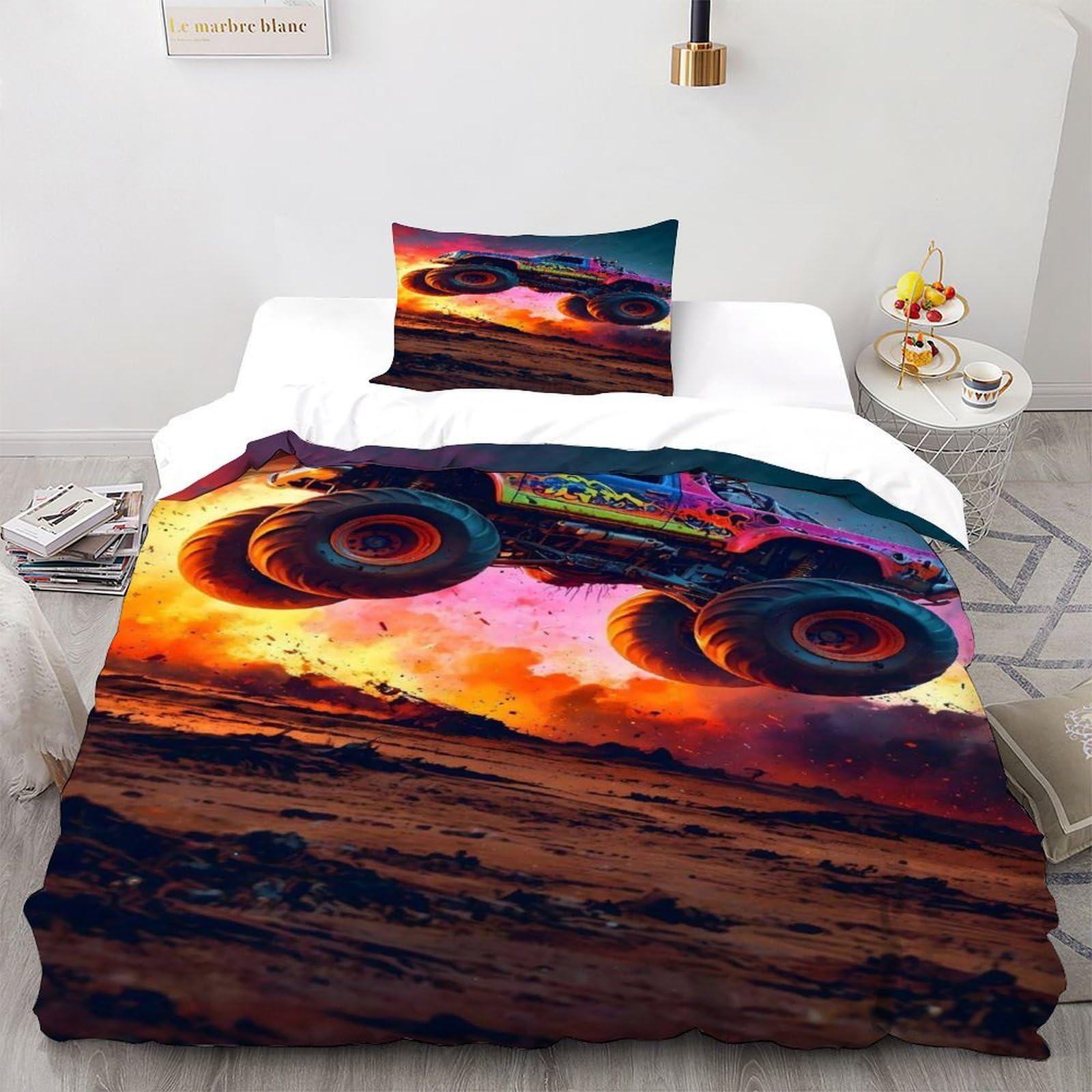 Housse de couette Monster Truck 135x200 avec taie d'oreiller pour lit enfant et adulte
