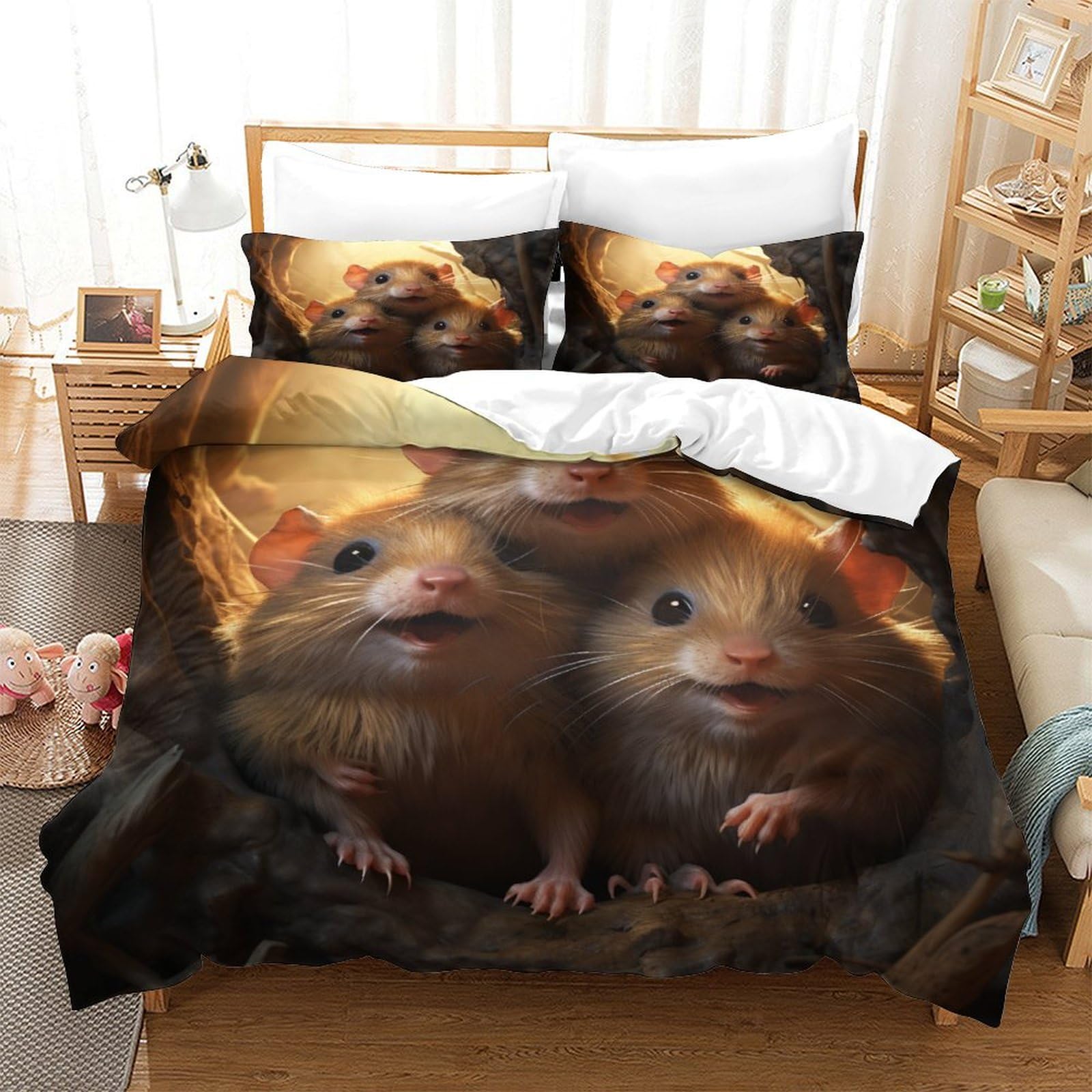 P1S9U7W5Y Adorable Animal 3D Printed Mouse Duvet Cover Set 3 Pieces Microfiber Soft Bedroom Decor Mouse Bedding Set for Adults Teens Home Gift King（220x240cm）