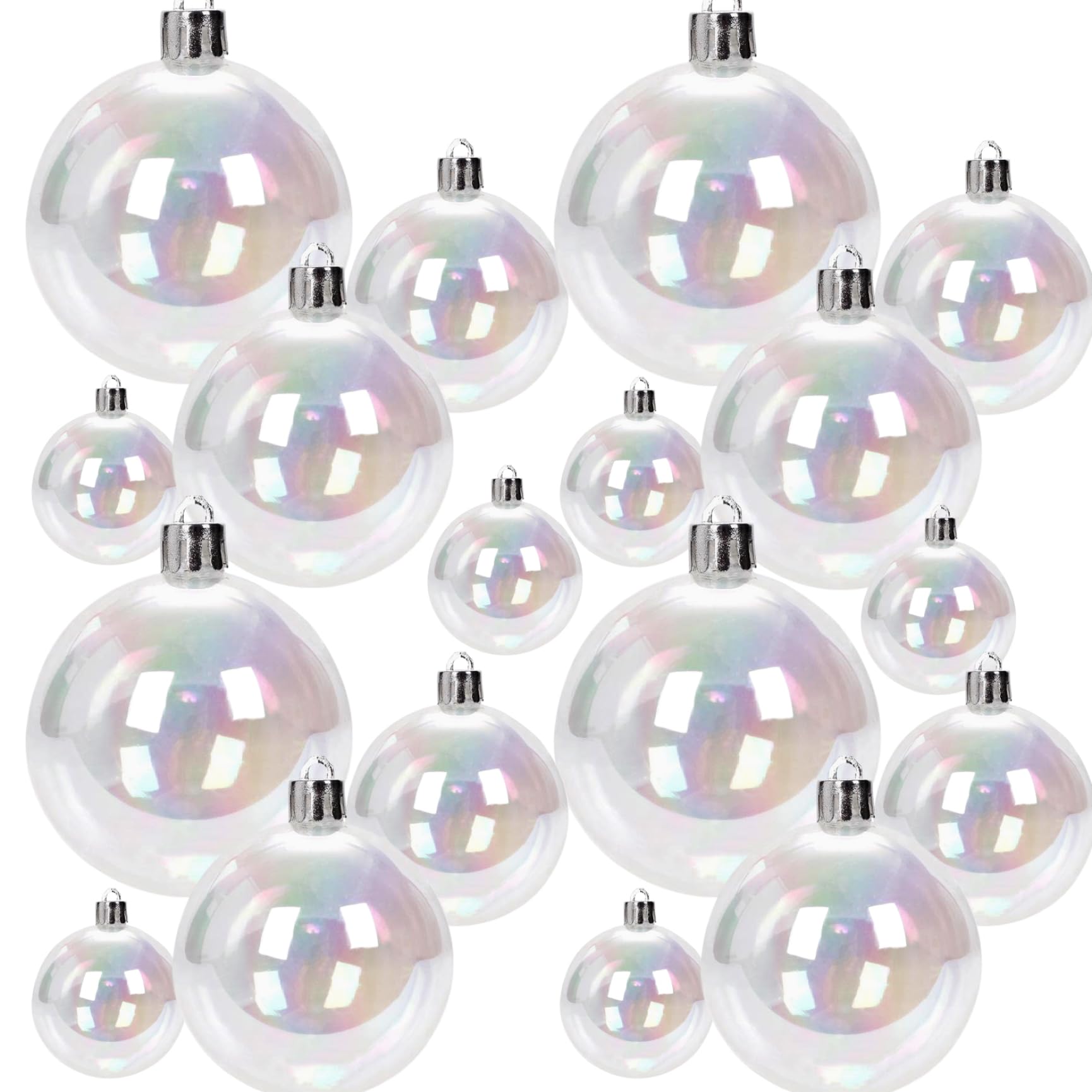 CAKEEYUM 18 PCS/Set Clear Ornament Balls 4-Size Electroplated Plastic Iridescent Ornaments with Hanging Rings for Christmas Birthday Decorations Clear Ornament Balls, Plastic Ornaments, Iridescent
