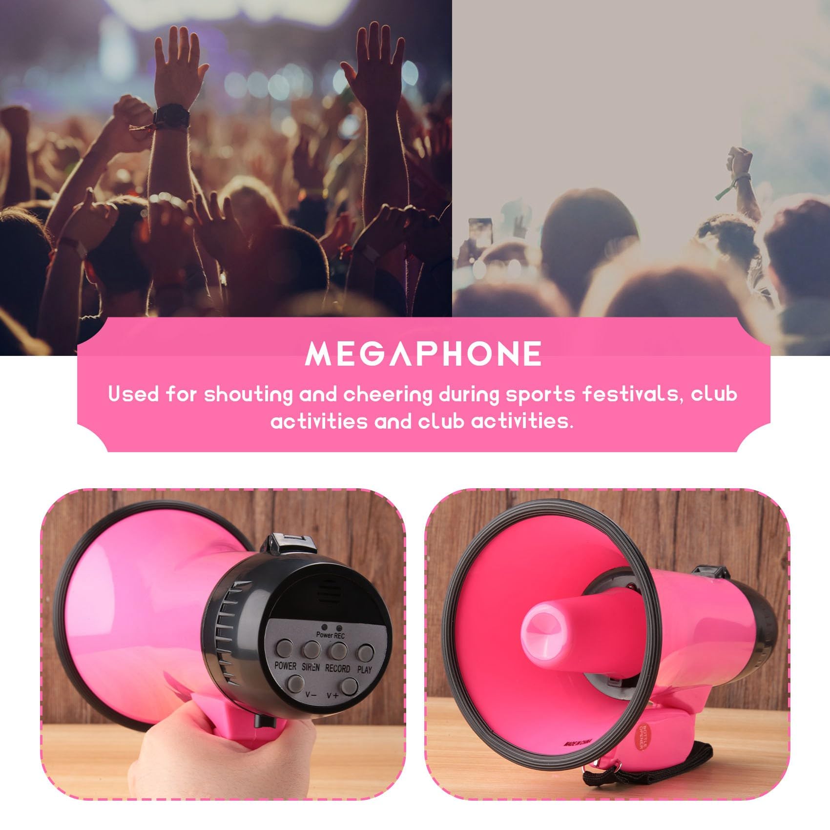 Altavoz Megáfono PA Bullhorn 25W Sirena Grabadora Voz Abrebotellas Rosa