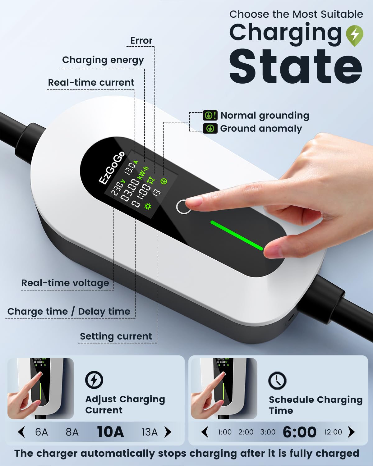 EzGoGo EV Charger Cable Type 2 to 3 Pin Plug 32.81Ft/10M Electric Car Charger 3kW, [6/8/10/13A] Type 2 Charging Cable 3 Pin IP65 Advanced Protection Suitable for EVs & PHEVs — view 2