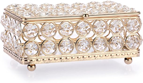 ELLDOO Crystal Jewelry Box Rectangle Trinket Organizer Earrings Rings Box Treasure Box Home Decor Accent Decorative Box with Lid for Valentine Wedding Christmas Birthday Gift, Gold, Small