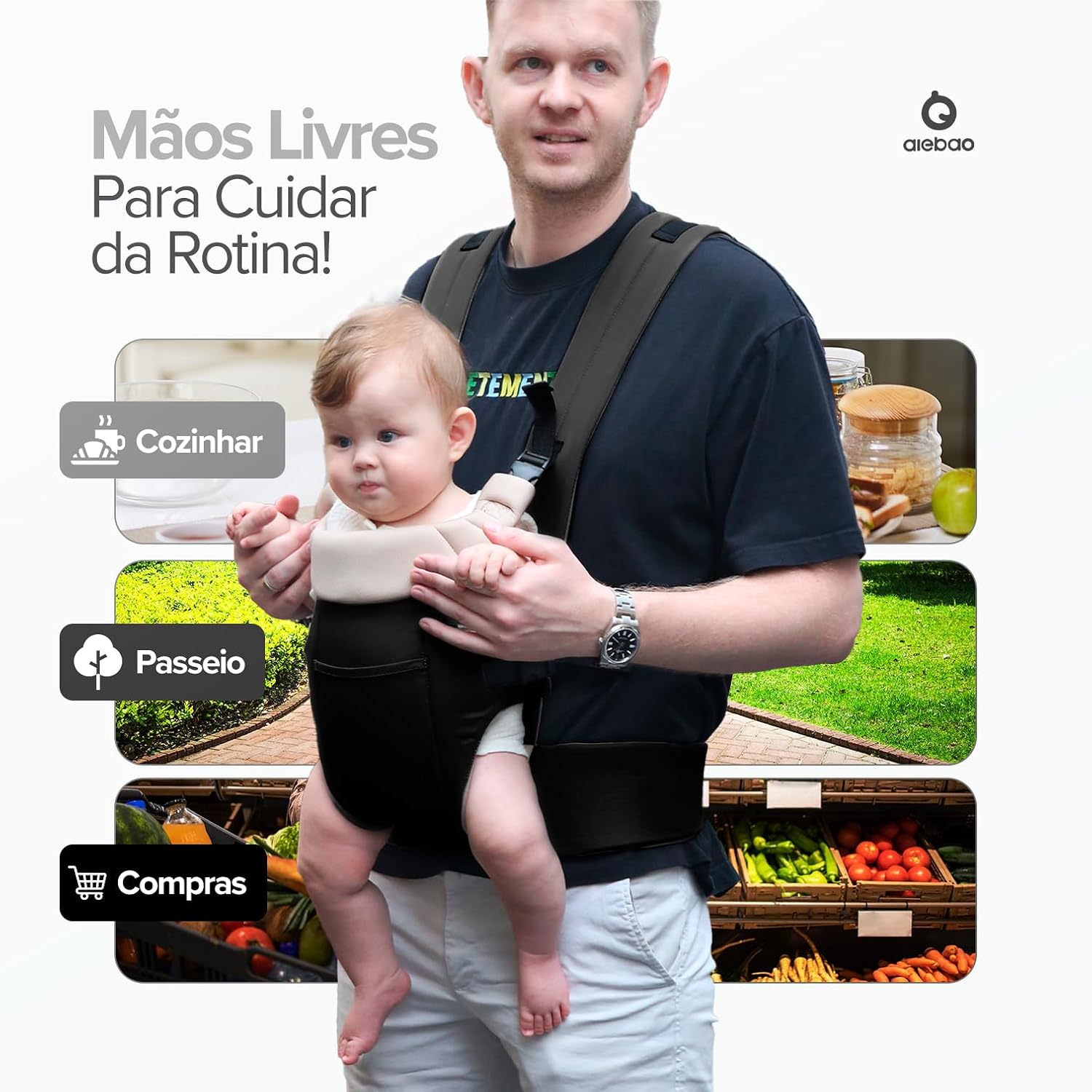 AIEBAO Carregador Canguru Para Bebê, 03 Modos de Uso, Apoio Lombar, Suporte de Cabeça, Bolso Frontal, Até 24 Meses, Suporta 25kg, Acolchoado, Fivelas Ajustáveis, Tecido, Preto.