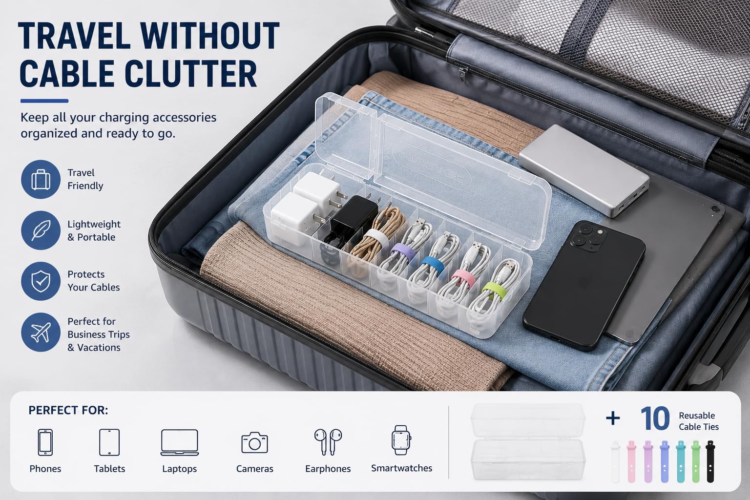 Caja de almacenamiento para cables, 2 unidades, 7 compartimentos, transparente con 12 bridas, organizador de doble apertura