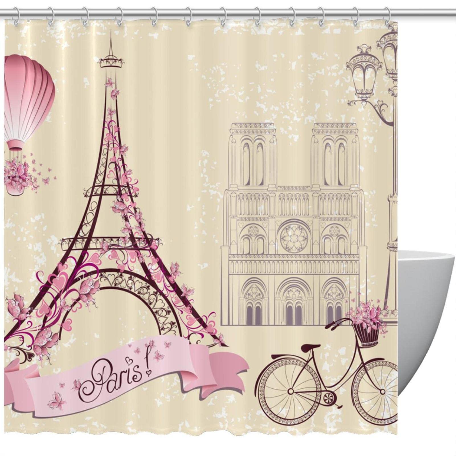 Tenda Doccia Torre Eiffel Farfalle Fiori - Impermeabile 180x180 Cm Con