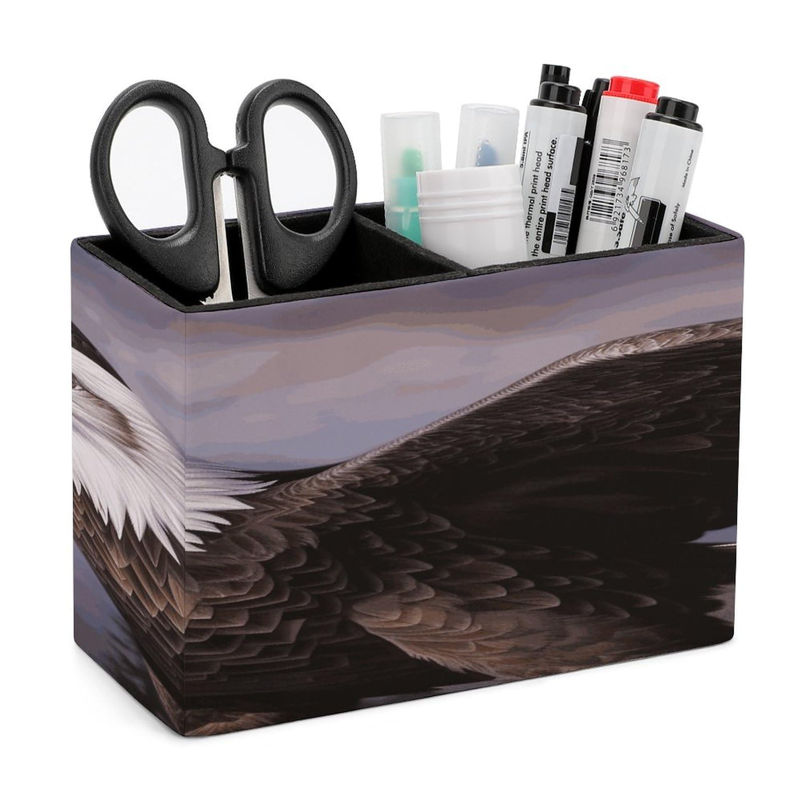 FekiLoot PU Leather Bald Eagle Pen Holder for Desk 2 Compartments Desktop Stationary Organizer Rectangle Table Pencil Cup Stand Desktop Stationery Organizer Case for Office Home