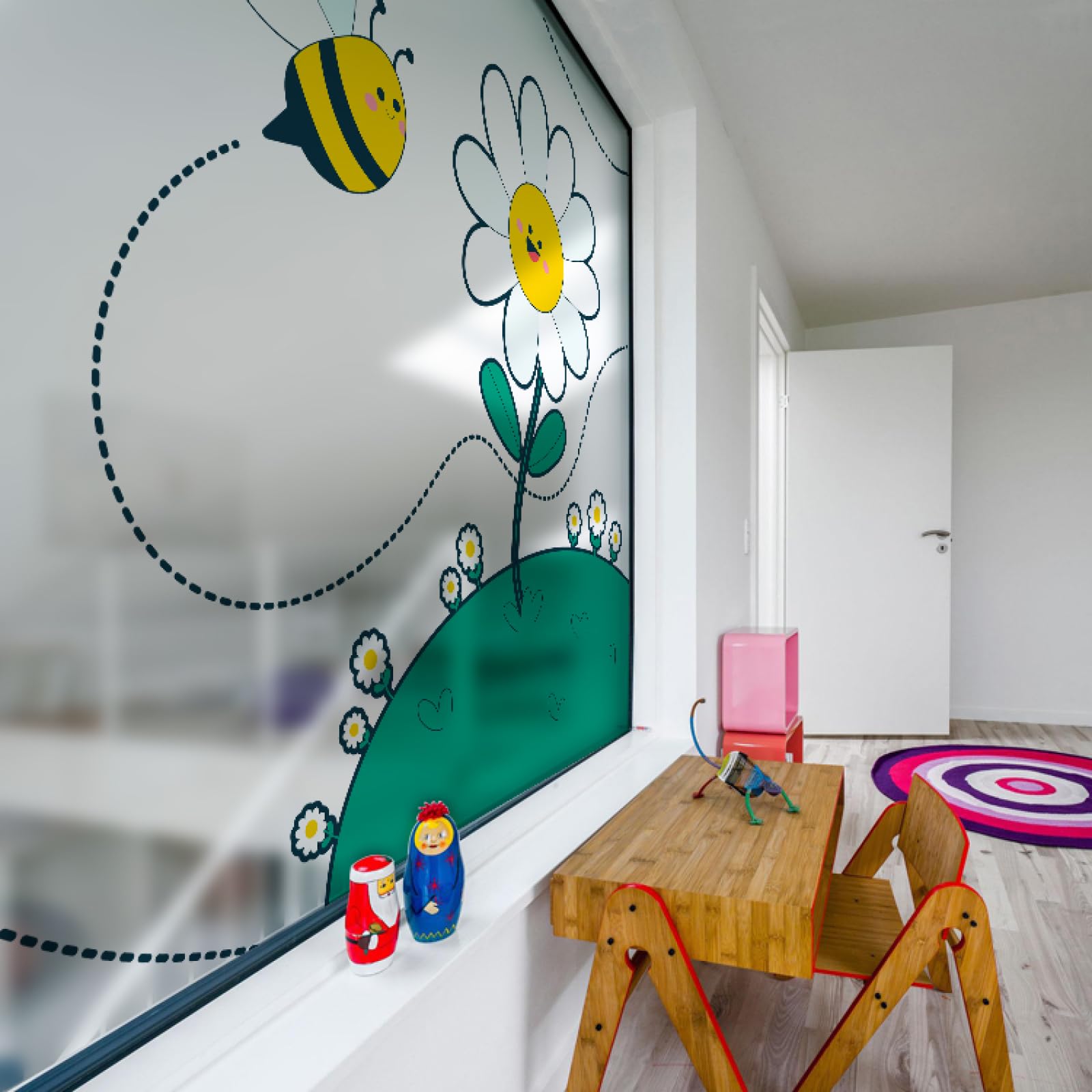 Fensterfolie Blickdicht Sichtschutzfolie, Sichtschutzfolie für Fenster, Motiv: Cartoon-Blumen und Bienen, zum Abziehen und Aufkleben
