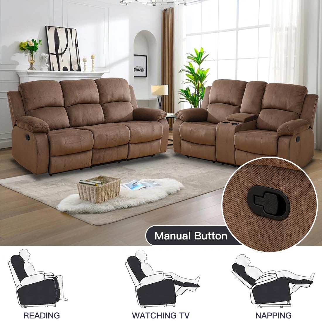 Toseslo Living Room Furniture Sets, Manual Reclining Sofa and Lovseat Set with Drop-Down Table, Corduroy Recliner Couch Sets, Recliner Sofa with Storage Console/Cup Holder for Home/Apartment(Brown) view 5