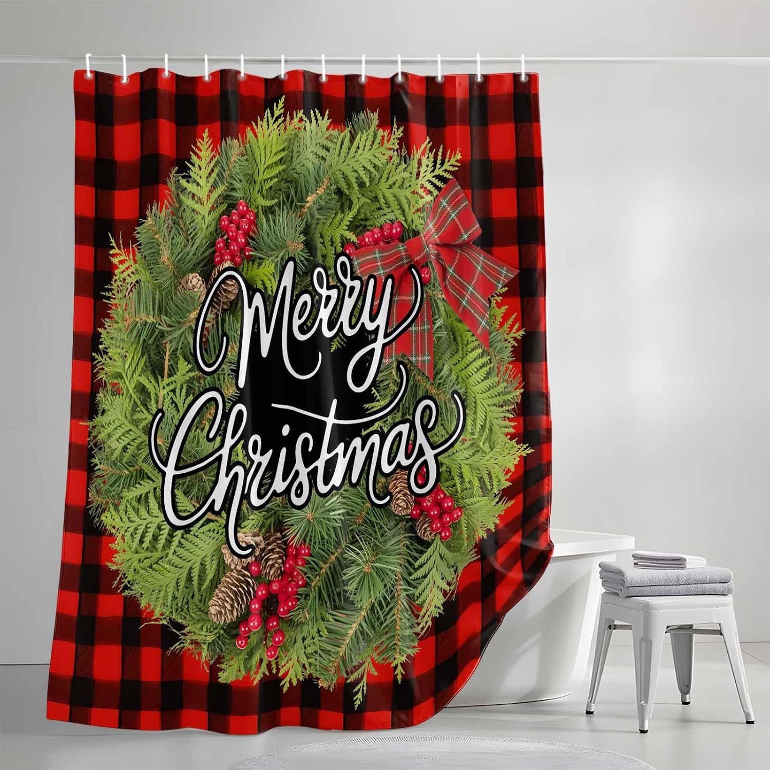 Merry Christmas Waterproof Shower Curtains Set - Extra Long Shower Curtain 72 x 96 Inch, Xmas Pine Cone Needle Red Black Plaid Fabric Bathroom Curtain with 12 Hooks, Bathroom Accessories