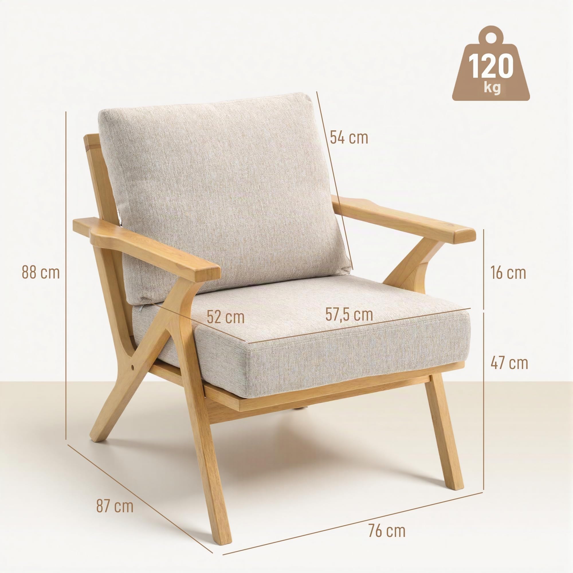 HOMCOM Sillón escandinavo Tela Efecto Lino Cojines Gruesos Beige | Asiento acolchado, patas de madera de caucho, silla de sala de estar, dormitorio, rincón de lectura