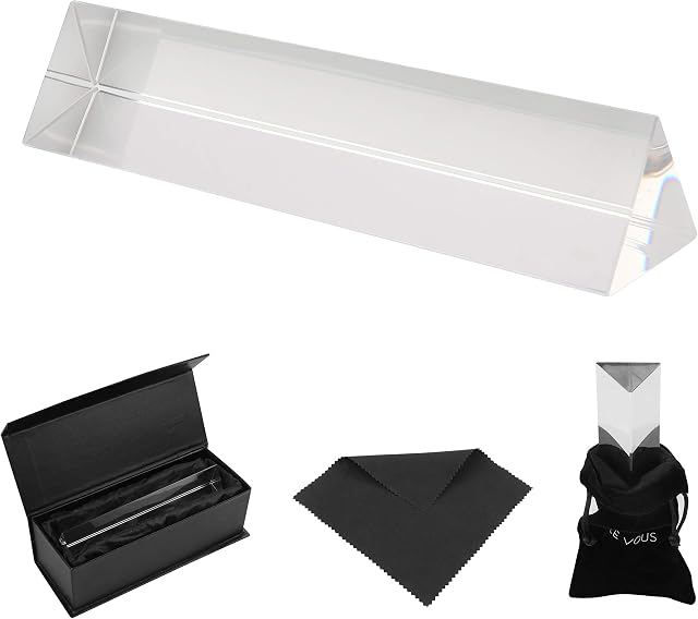 BELLE VOUS K9 Crystal Triangle Prism - 15cm/6 inch Photography Triangular Prism Refractor with Velvet Pouch, Microfiber Cloth & Gift Box - Clear Lens for Light Spectrum Physics - Rainbow Effect Photo