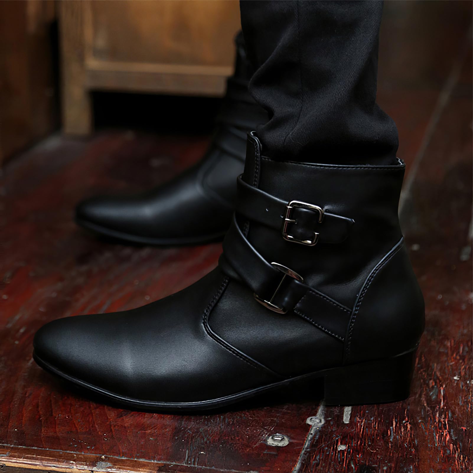ANUFER Herren Western Ferse Spitze Zehenpartie Knöchel Stiefel | Seitlicher Reißverschluss, Verstellbare Riemchen mit Schnalle, Mikrofaserleder, Gutaussehend, Elegante Stiefeletten