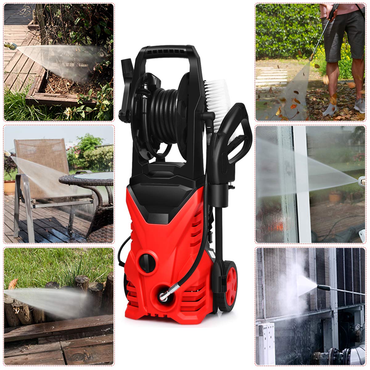 COSTWAY Hidrolavadora de Alta Presión de 2030 PSI,5 L/min,1500 W con Boquilla,Cables y Mangueras Limpiadoras a Presión para Jardín Coche Casa Exterior (Rojo)