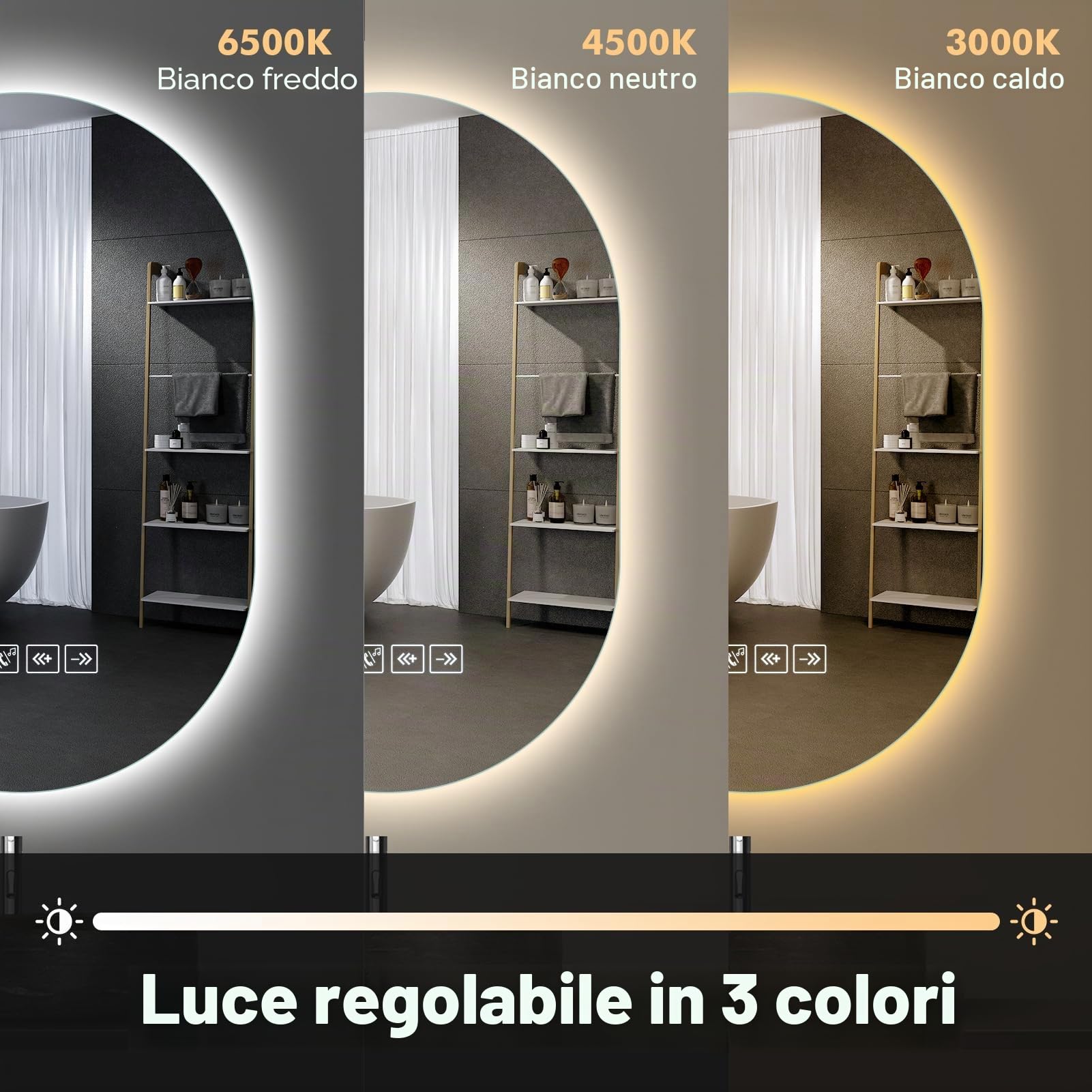 Specchio Bagno con Luce, 75x50cm, Specchio Smart con Antiappannamento, Memoria e Dimmerabile, Bluetooth per Musica, Tasto a Sè, Installazione Orizzontale o Verticale