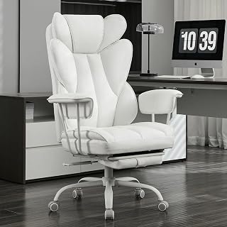 AMSEATEC Big & Tall Ergonomic Office Chair with Footrest, Lumbar Support, 400lb Capacity - Reclining Executive Chair for Heavy People (White)