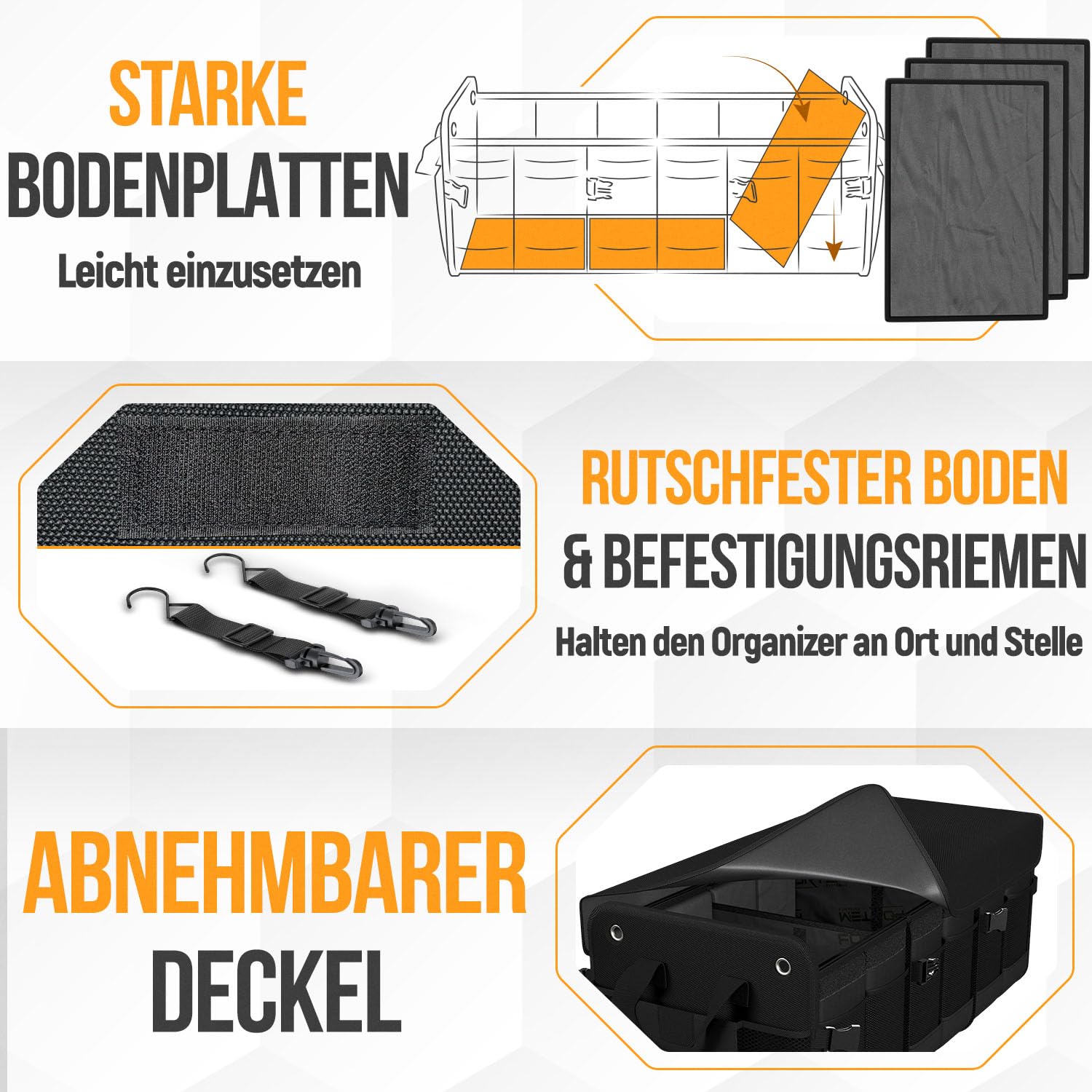 FORTEM Kofferraum Organizer, Zusammenklappbarer Auto Organizer mit Fächern, Rutschfester Boden, Verstellbare Sicherungsriemen, Klappbarer Deckel (90L)