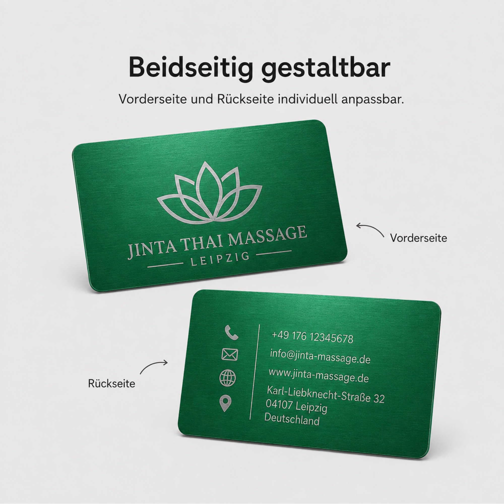 Visitenkarten erstellen - 100 personalisierte Aluminium Metall-Visitenkarten in grün, 85 x 54 mm, mit Logo, Text oder QR Code, beidseitige Lasergravur
