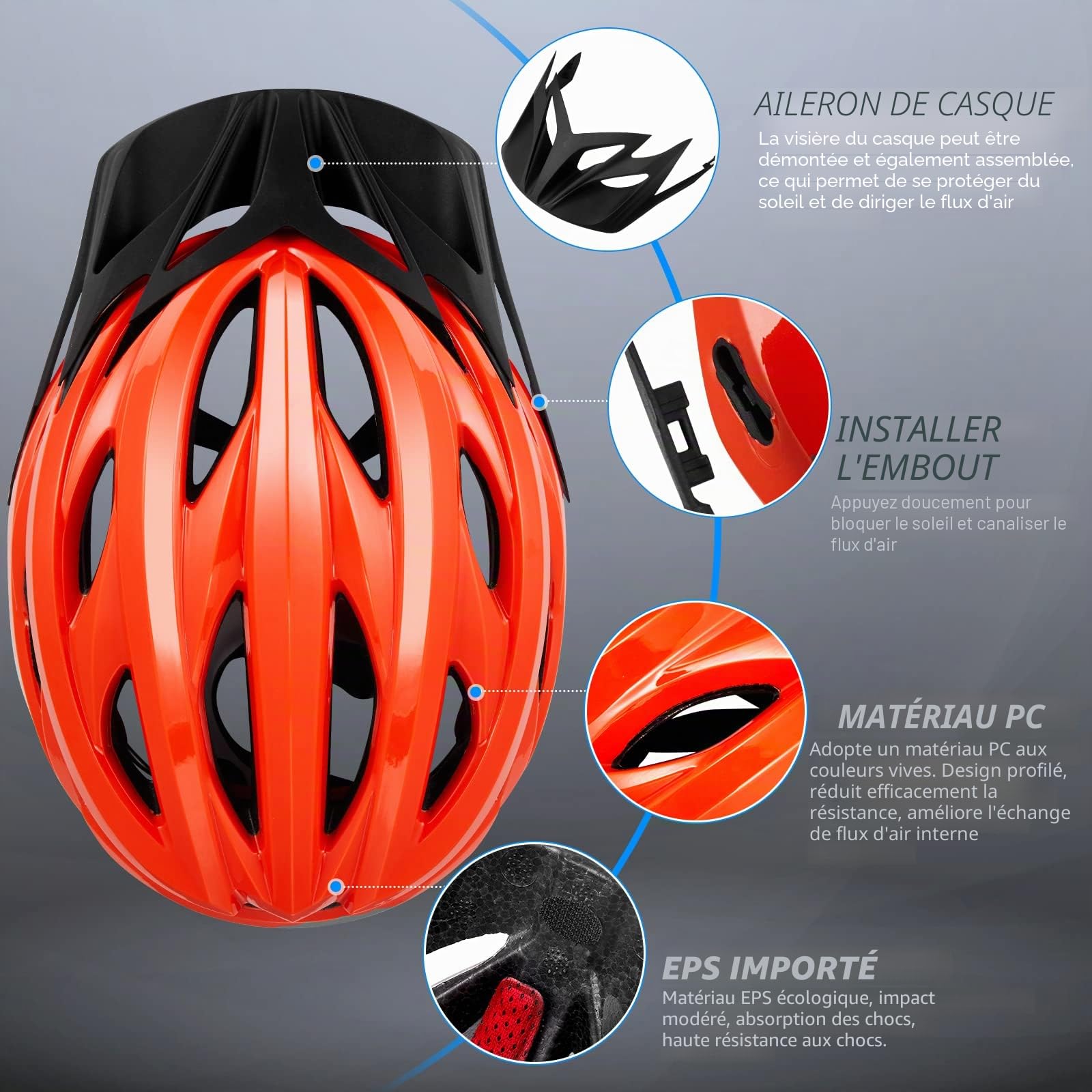 Casque de vélo pour adulte - Casques de vélo pour femme - Casque de vélo certifié léger réglable avec visière amovible pour VTT et vélo de route