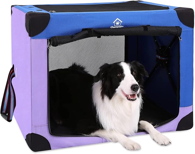 Ownpets Portable Dog Crate Collapsible Travel Dog Soft Crate 3-Door Dog Kennel for Indoor and Outdoor L Size.81x58x58cm(Blue and Purple)