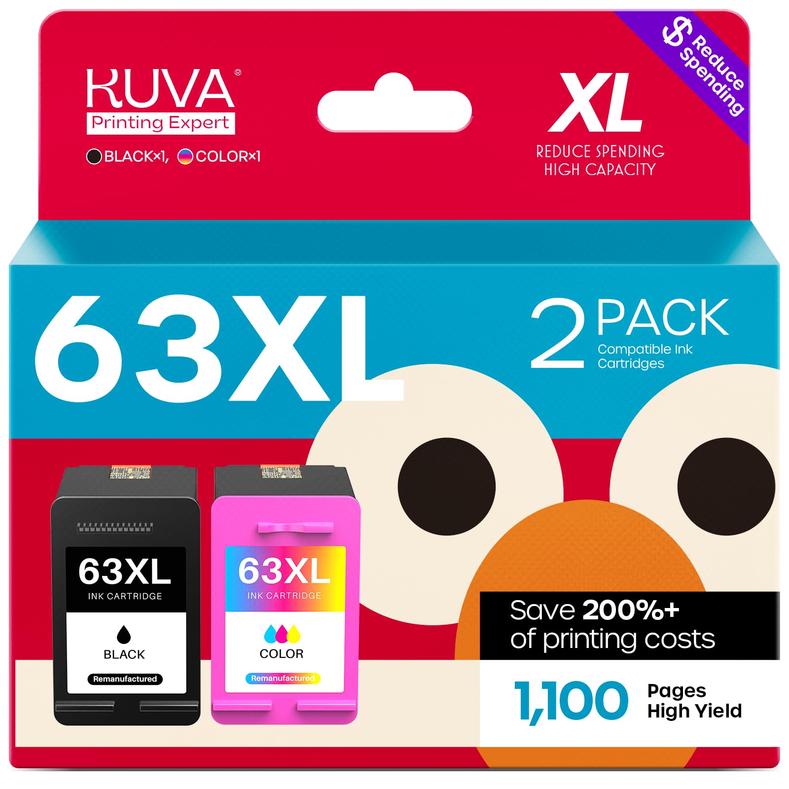 Remanufactured 63XL Ink Cartridges Replacement for HP Ink 63 Ink HP63XL Ink Cartridge Combo Pack for Envy 4520 4521 Officejet 4650 5258 3830 5255 4655