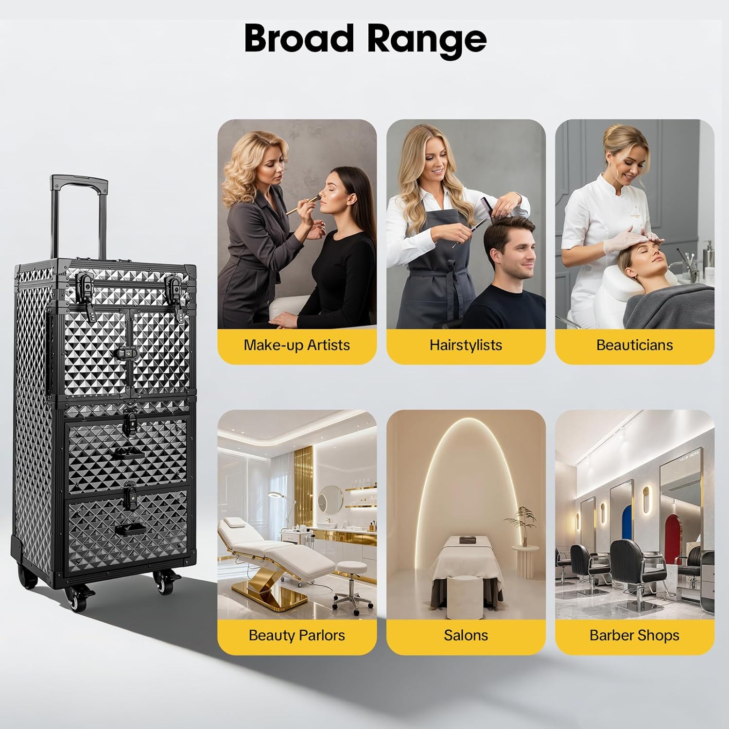 4-Layer Rolling Makeup Case with Combination Locks, Water Cube Heck Pattern Hair Salon Trolley Case with Retractable Tray, Cosmetology Case on Wheels Makeup Train Case, Black