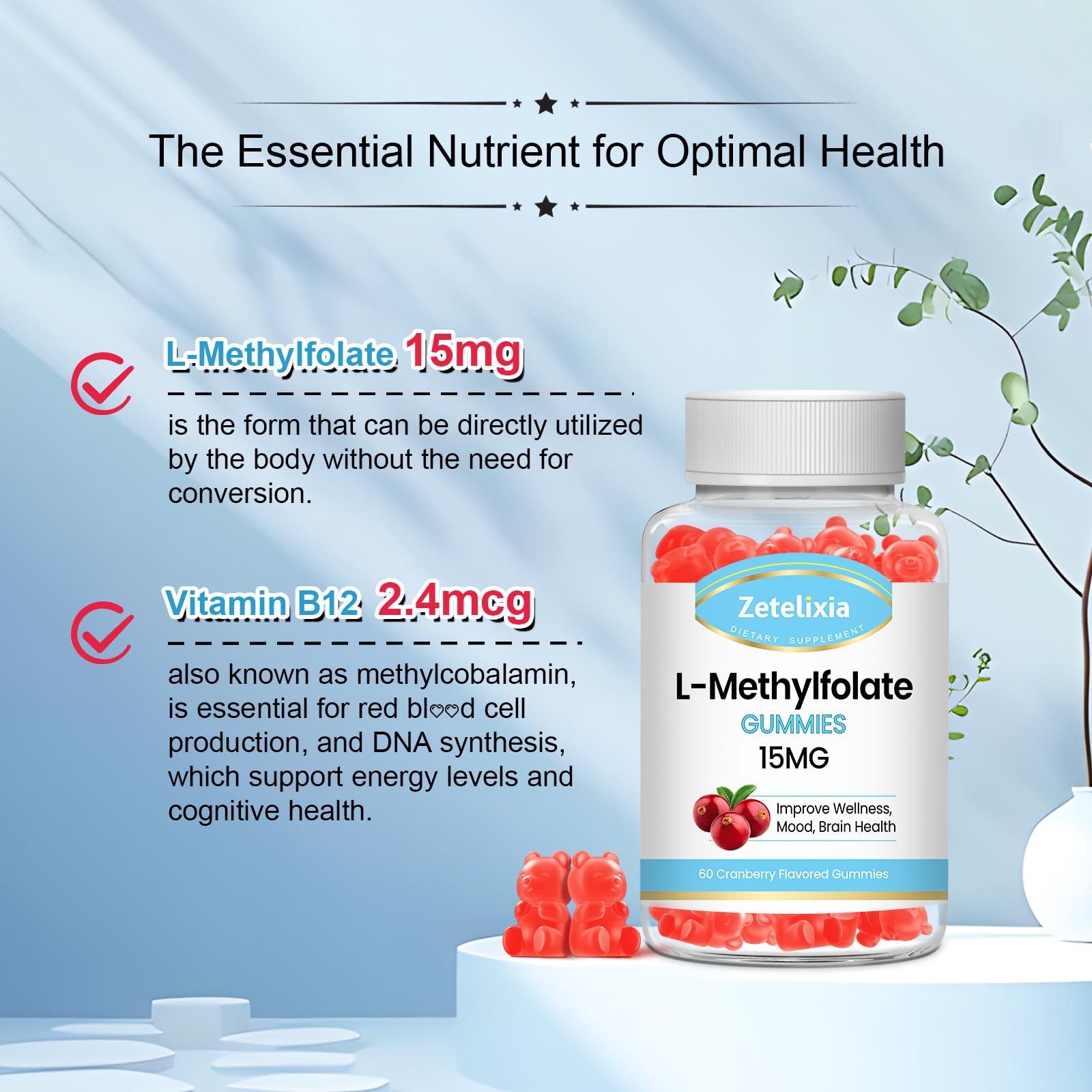 L-Methylfolate 15mg & Methyl B12 Gummies, Folate Supplement for Brain Health, Mood & Immunity, DNA Synthesis & Repair, Sugar Free, Vegan, Cranberry Flavor, 60 Count — Amazon image 5