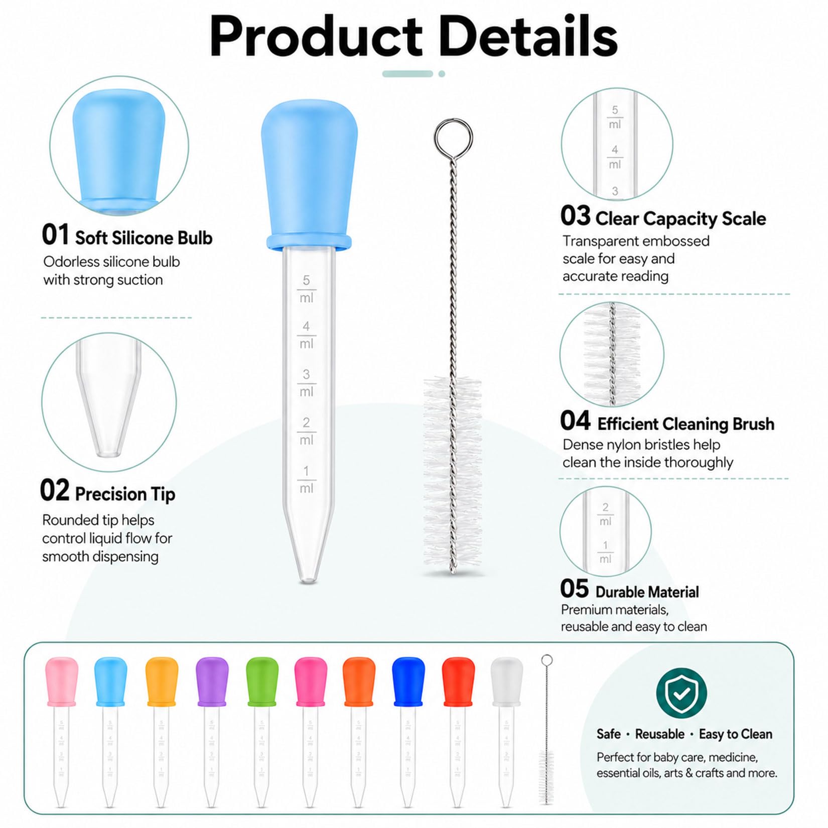 33er-Set Liquid Dropper, Plastik Pipetten Set mit 30 Pipette 5ml und 3 Reinigungsbürste Bunte Graduierte Silikon Pipetten Klein Tropfpipette Transparente für Gemälde Pflanze Süßigkeitenformen