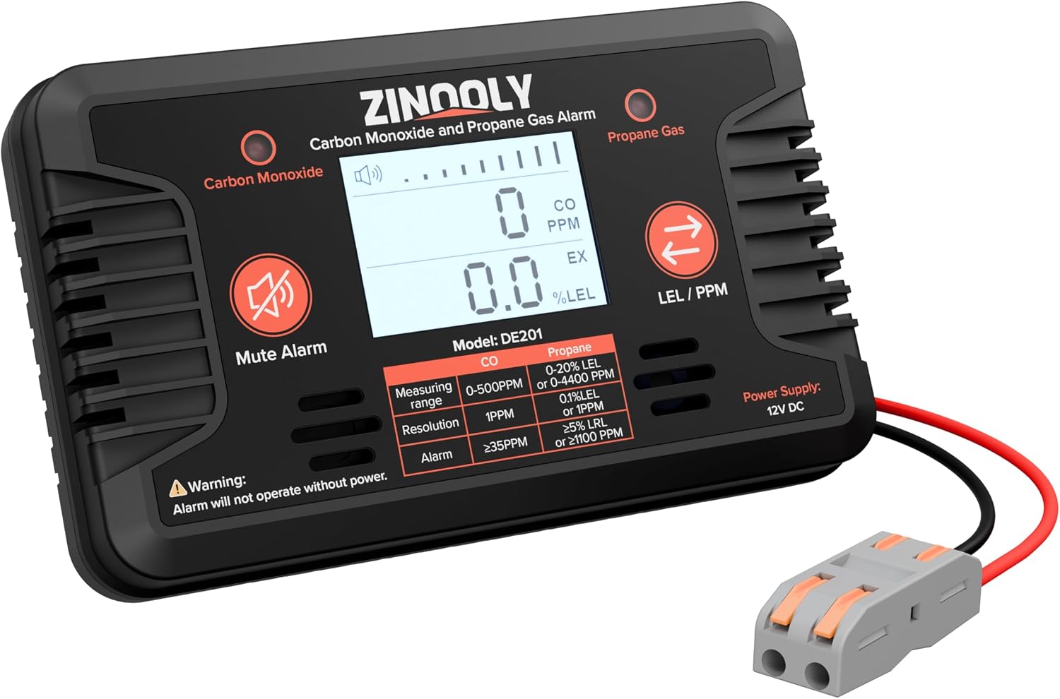 RV Air Detector, Dual Air Quality Safety Alarm, 12V DC Hardwired | Audible Siren and Digital Display, LED Indicator, Suitable for RVs, Travel Trailers and Campers, Black