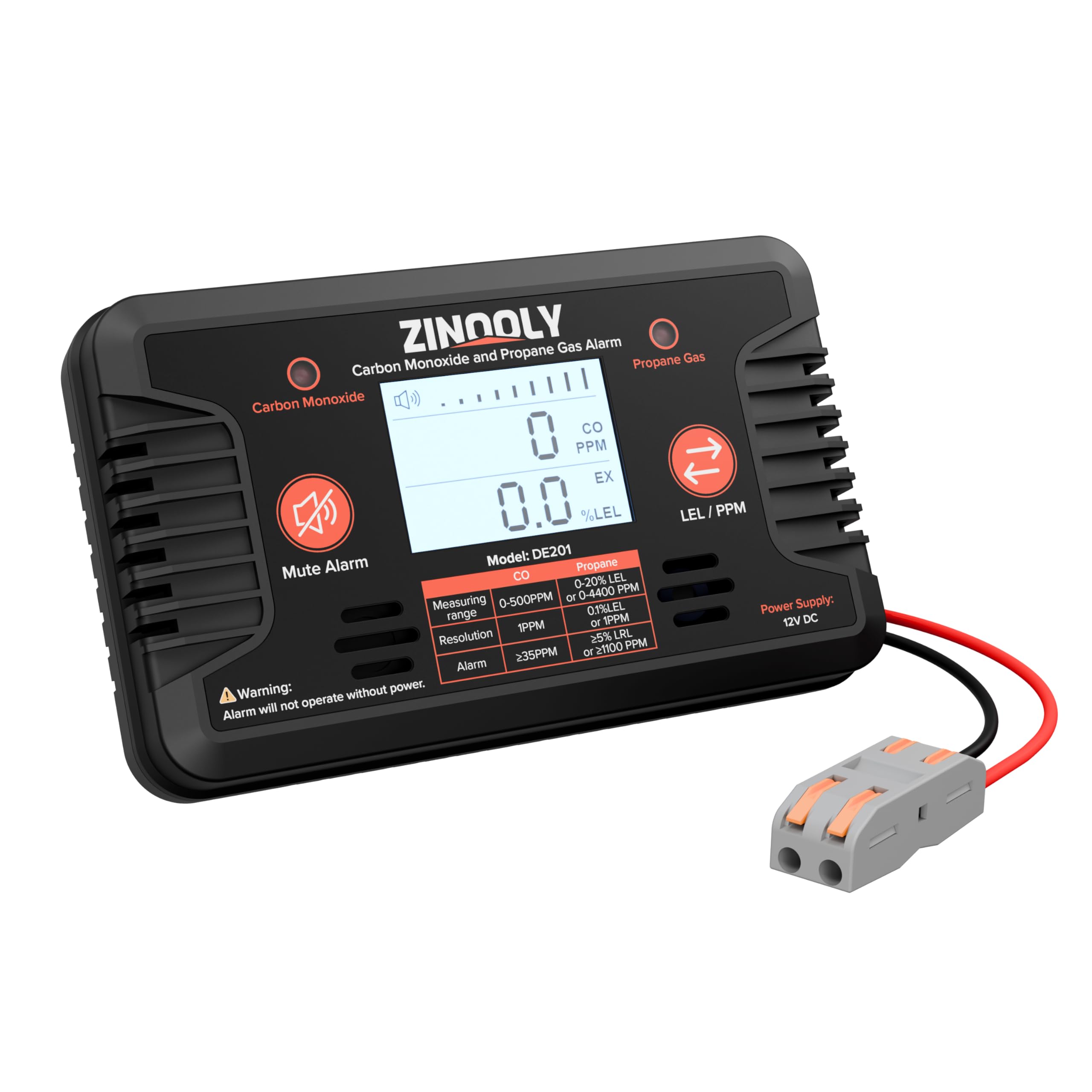Zinooly RV Carbon Monoxide and Propane Gas Detector, Dual LP/CO Alarm with LED Indicator, Audible Siren and Digital Display, 12V DC Hardwired, Suitable for RVs, Travel Trailers and Campers, Black