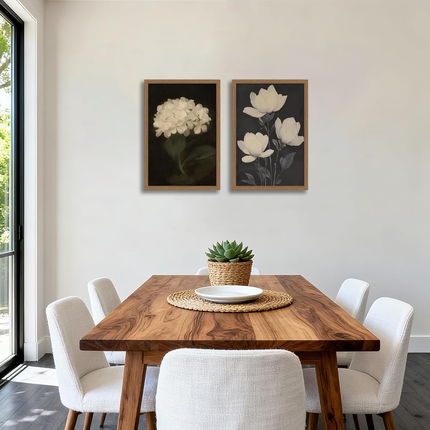 2Pcs Framed Wall Art Vintage White Hydrangea Oil Painting Canvas Prints Posters Pictures Wall Decor Aesthetic for Bedroom Bathroom Kitchen Shelves Office Decor 16x24 Inch Ready to Hang