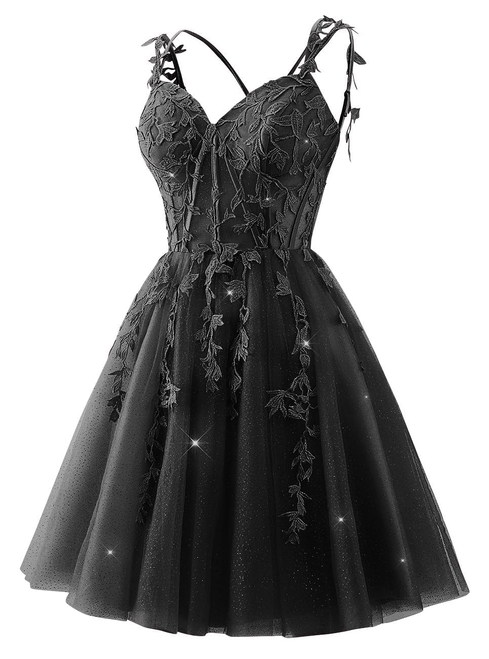 KIYNE Black Tulle Homecoming Dresses Short for Women Spaghetti Strap Lace Applique Mini Prom Dress Celebrity Pageant Gown UK12