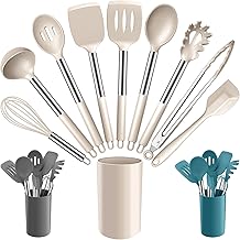 Joyfair Kitchen Utensils Set, 10 Pcs Silicone Cooking Utensils Set with Stainless Steel Handle, Heat Resistant Cooking Tools Spatula Turner Spoon with Holder, Dishwasher Safe & Non Scratch, Khaki