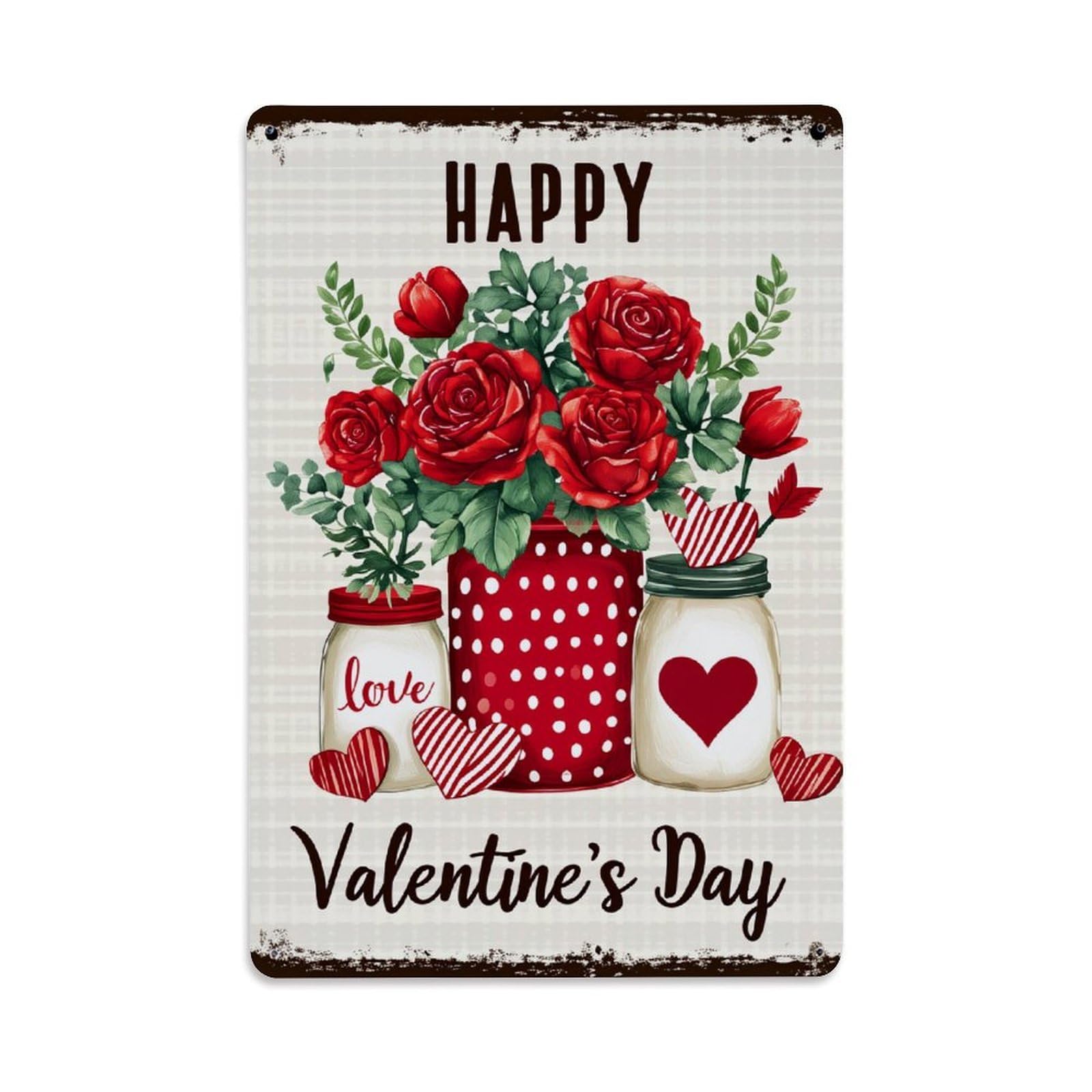 Enderetf Vintage Red Roses Mason Jars Hearts Tin Sign Metal Poster, Home Bar Garage Man Cave Cafe Indoor & Outdoor Wall Decoration 8X12inches