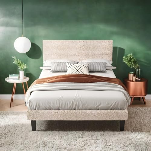 VINGLI Twin Bed Frame for Kids,Boucle Upholstered Platform Bed with