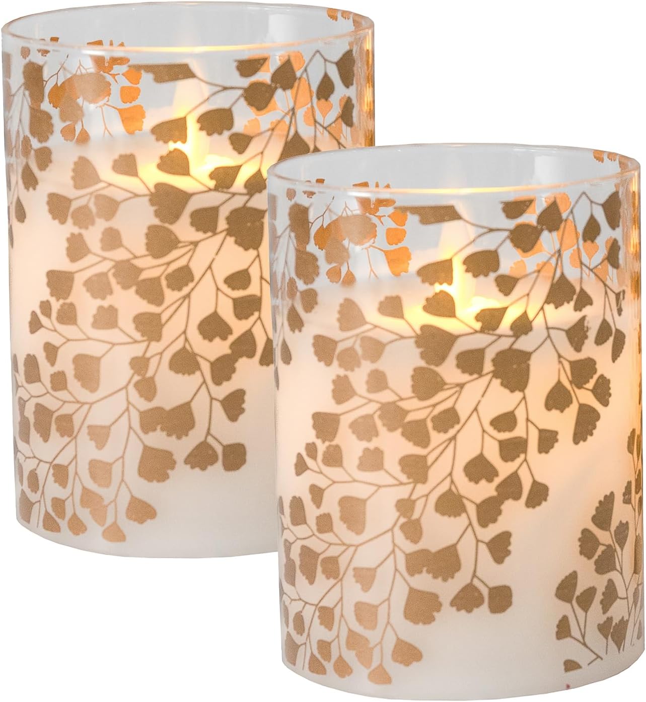 LumaBase Battery Operated LED Glass Candles with Flickering Flame, Gold Fern - Set of 2