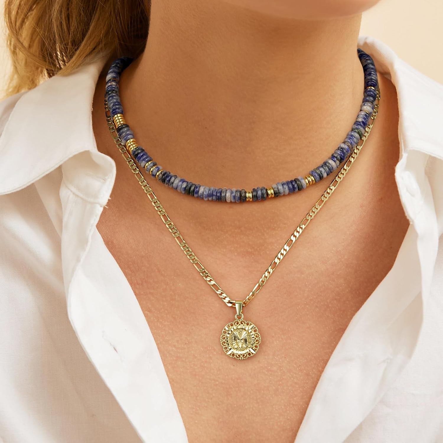 KissYan Boho Beaded Choker Necklace for Women, Gemstone Choker Natural Stone Freshwater Pearl Surfer Necklaces 14K Gold Plated Summer Beach Handmade Jewelry - Image 2