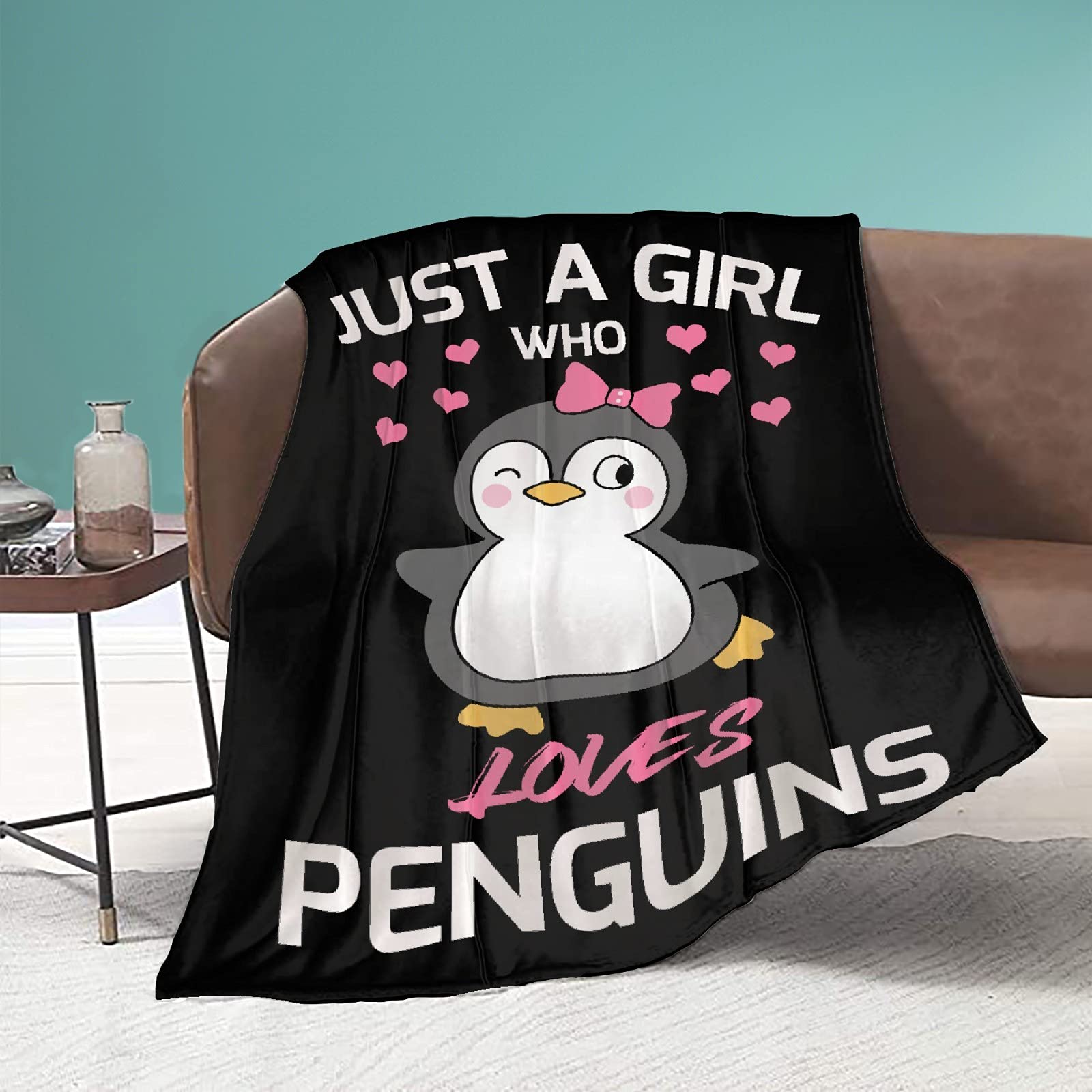 Pingwin narzuta koc 'Just Girl Loves Penguins' puszysty pluszowy koc urocze pingwiny lekki koc flanelowy z mikrofibry dla kobiet dzieci sofa kanapa łóżko dekoracja 127 cm x 102 cm mały dla dzieci